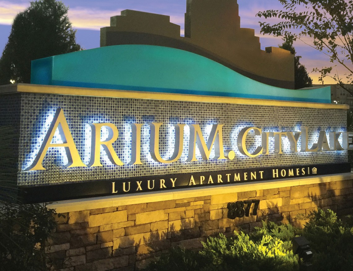 Arium CityLake Luxury Apartment Homes LED Illuminated Monument with Tiles Night