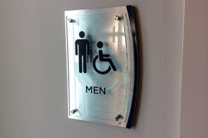 Echo Men Restroom Brushed Alum Backer with Clear Acrylic and Stand-Offs