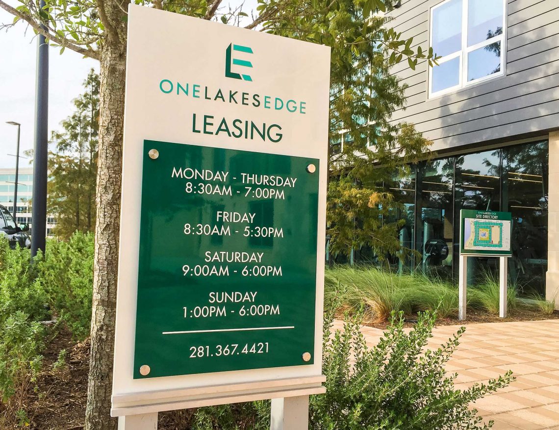 One Lakes Edge Upscale Modern Residential Apartments Aluminum Office Center Hours with Stand-Offs and Directory on Post