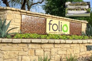 Folio Apartment Homes Signage - Elegant Contemporary Monument Reface with Fancy Glass Tiles