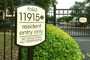 Folio Apartment Homes Resident Entry Only Gate Sign on Post