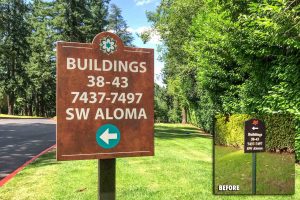 The Frank Estate Apartment & Townhomes Building Directional on Post