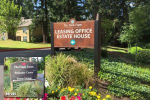 The Frank Estate Apartment & Townhomes Leasing Office and Estate House Directional Sign on Post