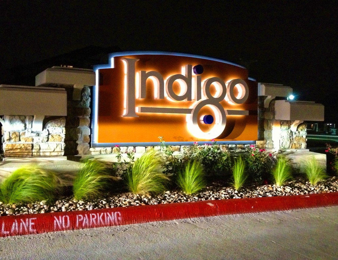 Indigo Apartments LED Illuminated Monument at Night