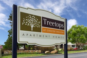 Treetops At Chester Hollow Apartment Homes Secondary Identity Sign on Post