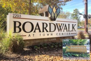 Boardwalk at Town Center Apartments - Contemporary LED Edge-Lit Letters Monument onto Existing Masonry Base