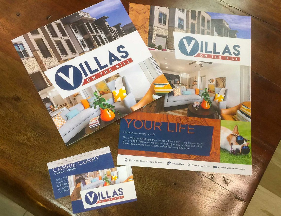 Villas on the Hill Apartments - Contemporary Brochure with Flyer and Business Card on a Budget