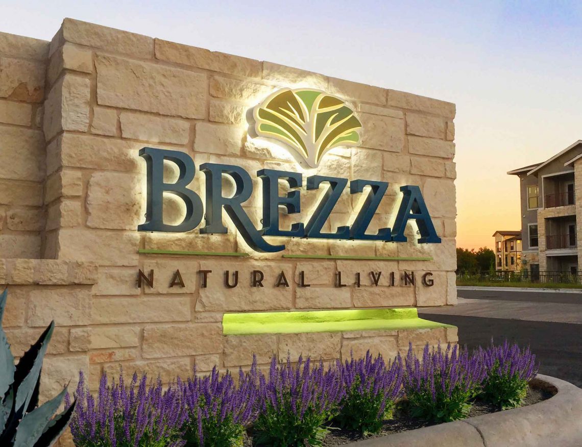 Brezza Natural Living Apartments Unique Design Reverse Channel Lit Letters onto Masonry Monument
