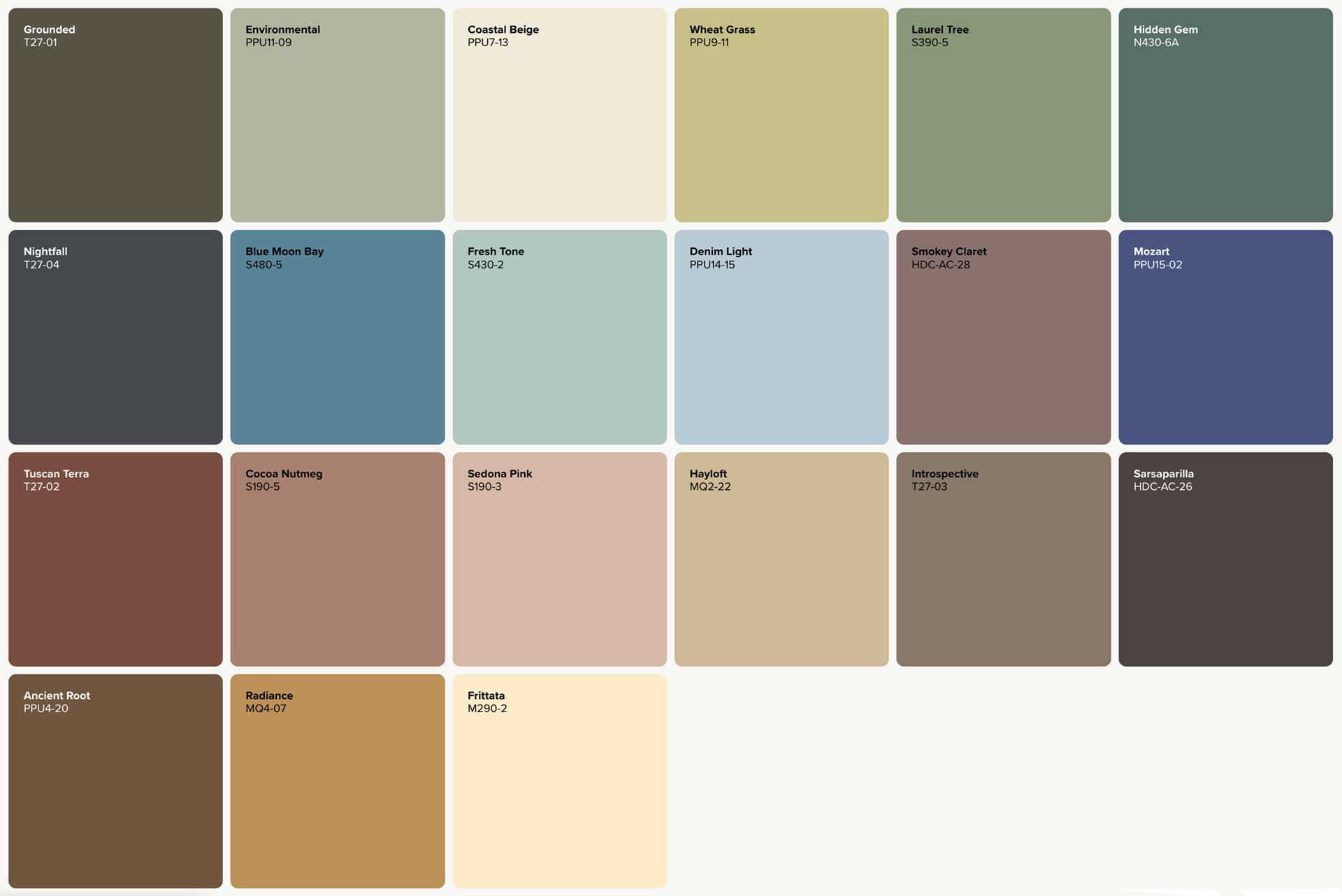 Behr’s 2027 Color of the Year, Grounded T27-01, along with other highlighted colors.